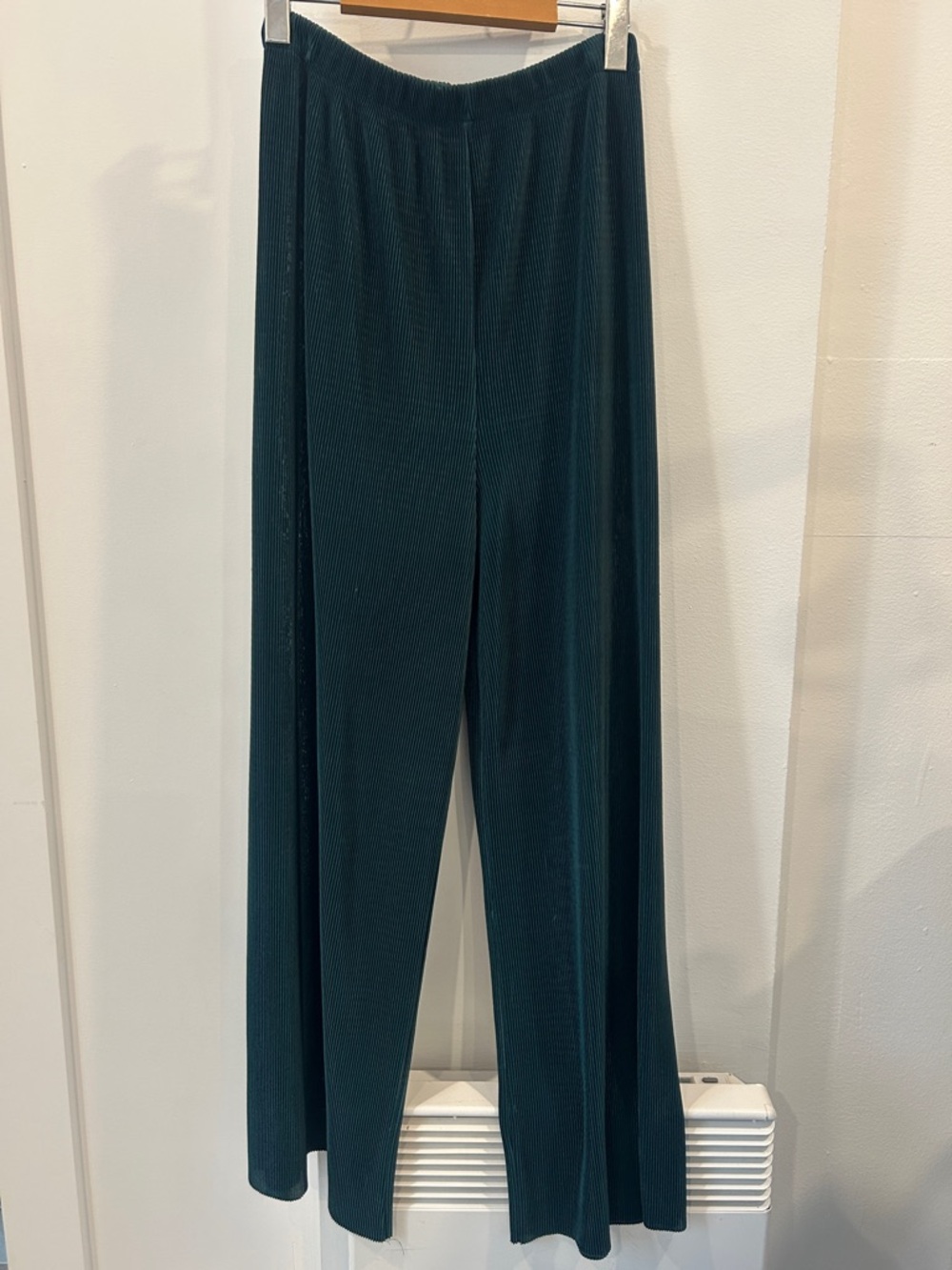 Wide Leg Ribbed Knit Pants - Dark Teal